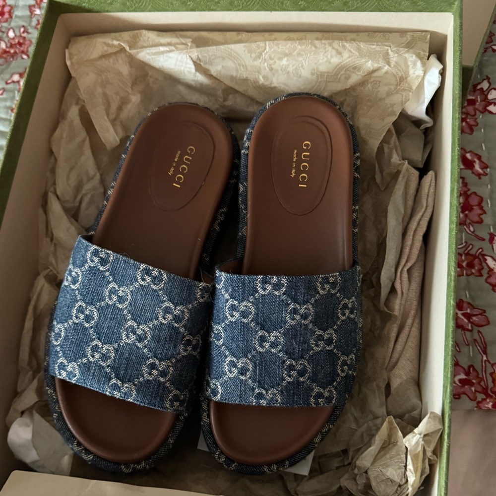 Gucci Blue Denim GG Slide Sandals